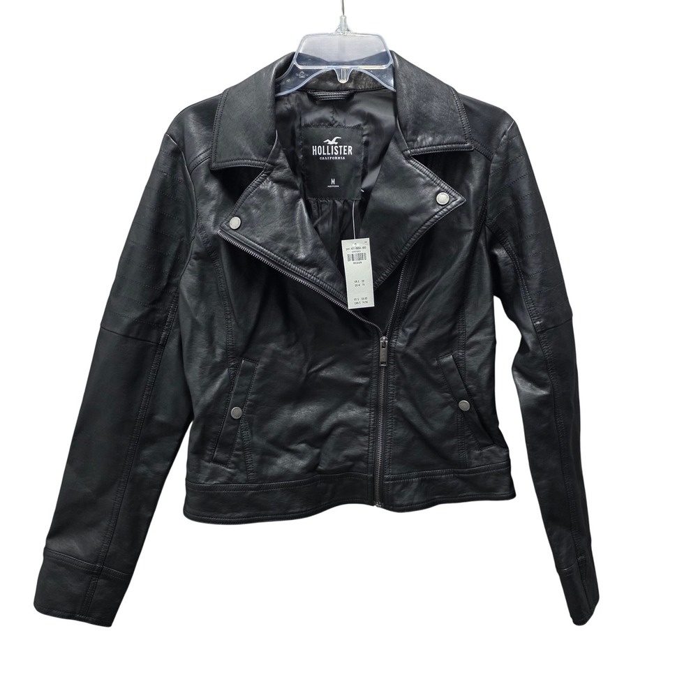 Hollister Womens Black Faux Leather Moto Biker Jacket Size M New